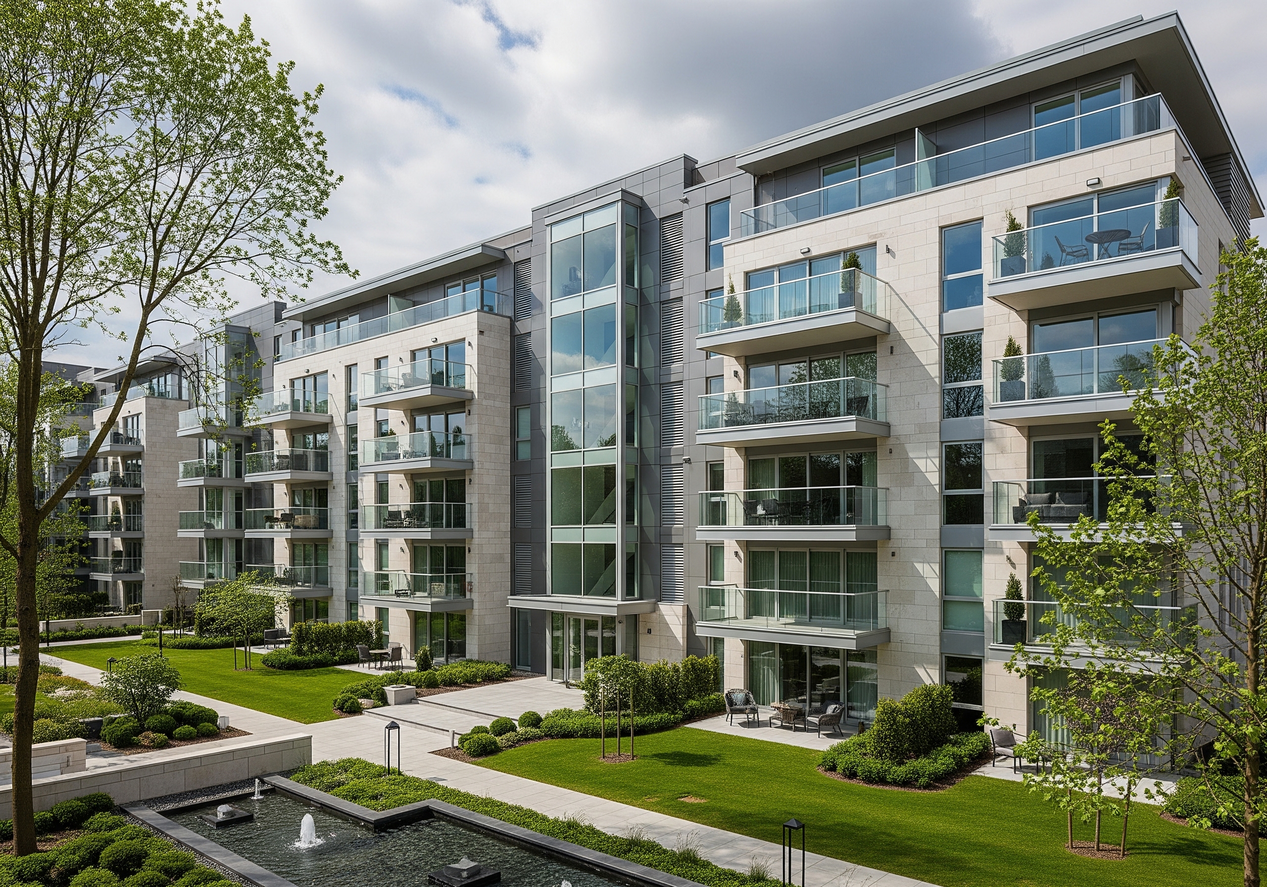 Modern apartment complex with extensive landscaping