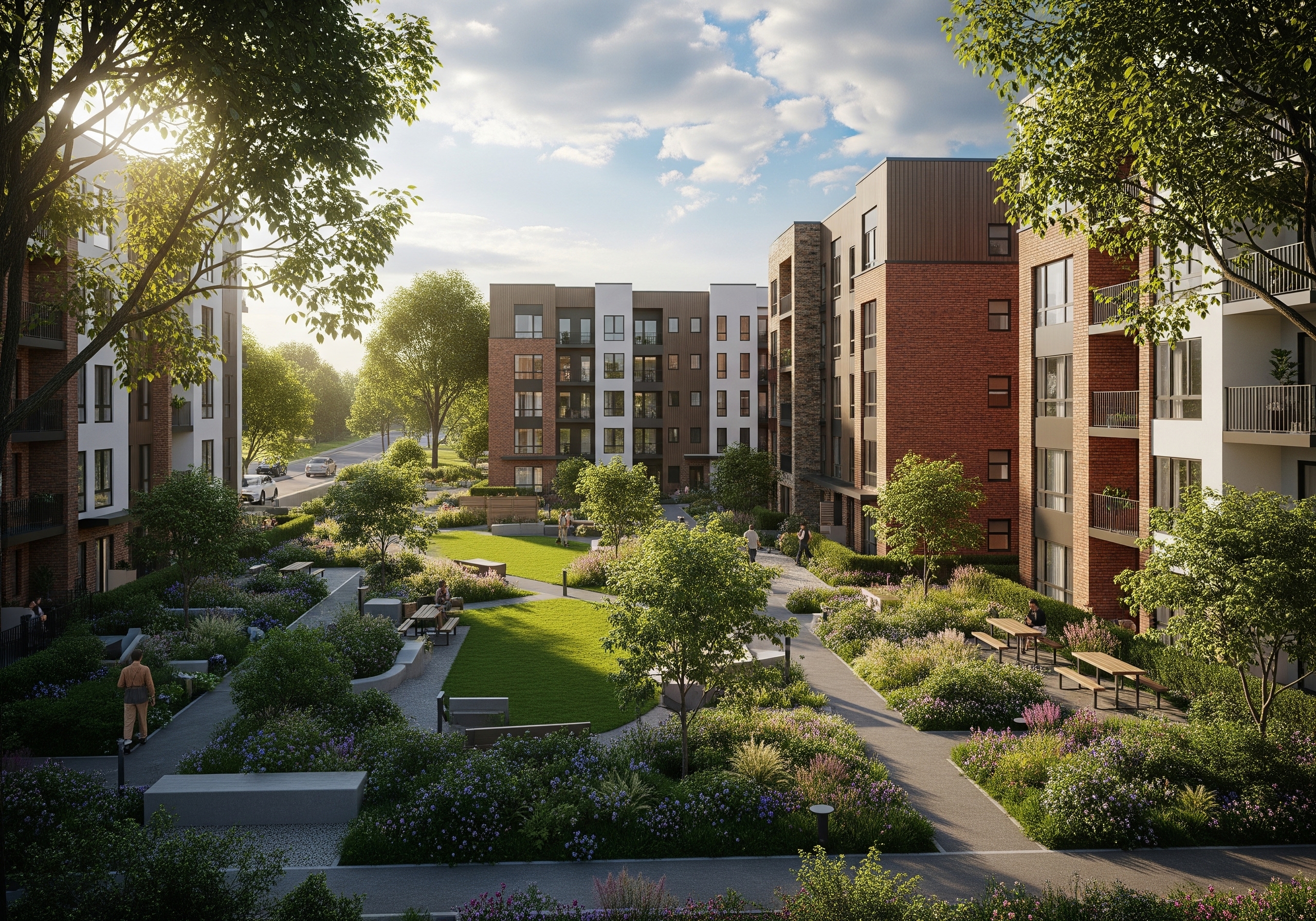 Apartment community with a central garden and walking paths