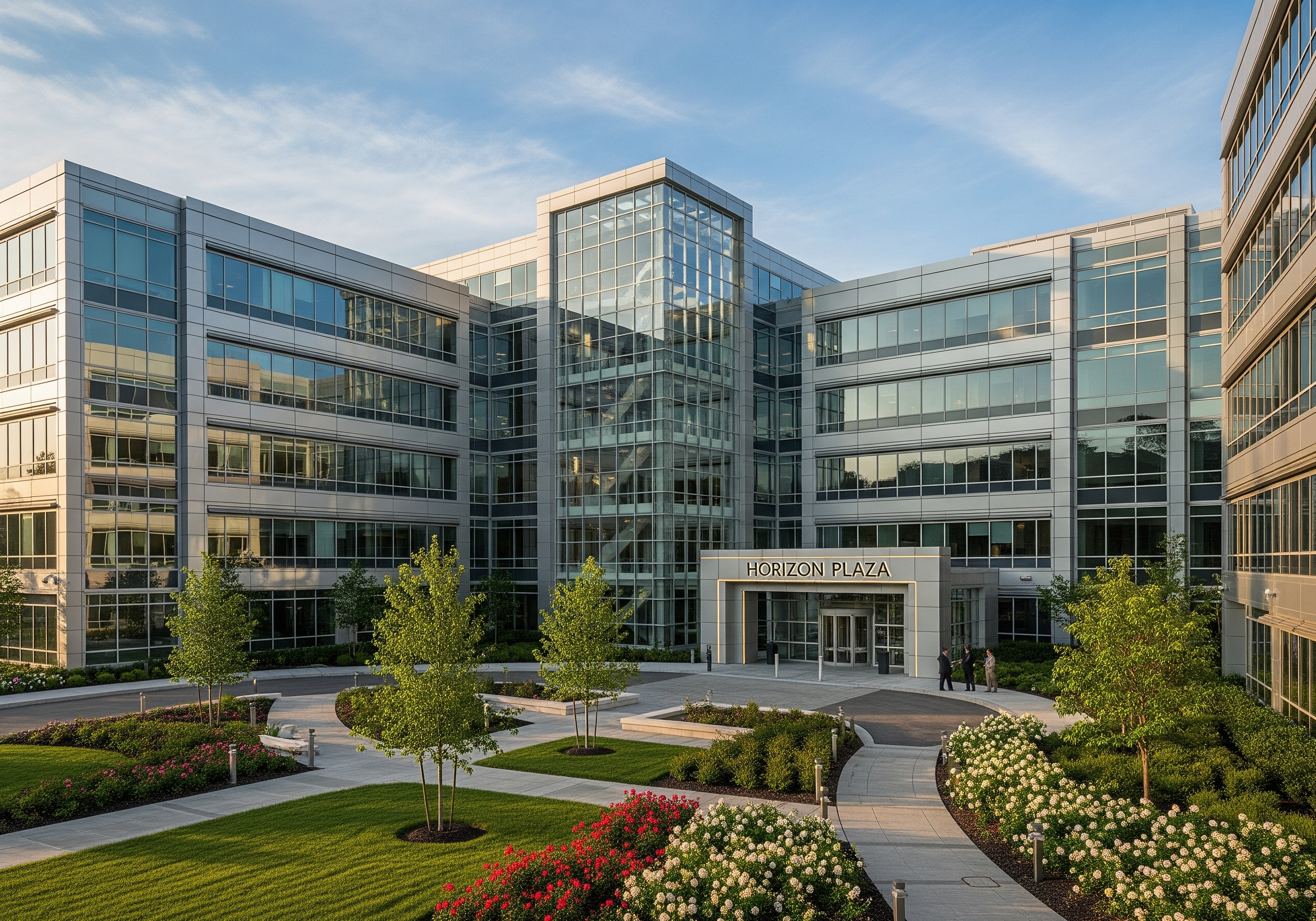 A modern glass-faced office building plaza